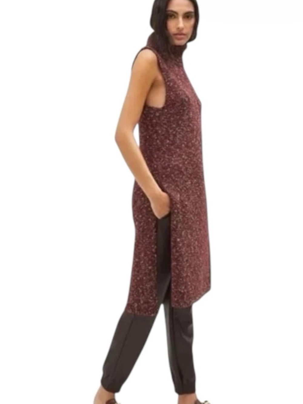 Anthropologie Flowy Maxi Sleeveless Knit Tunic turtleneck Sweater Wine size XS